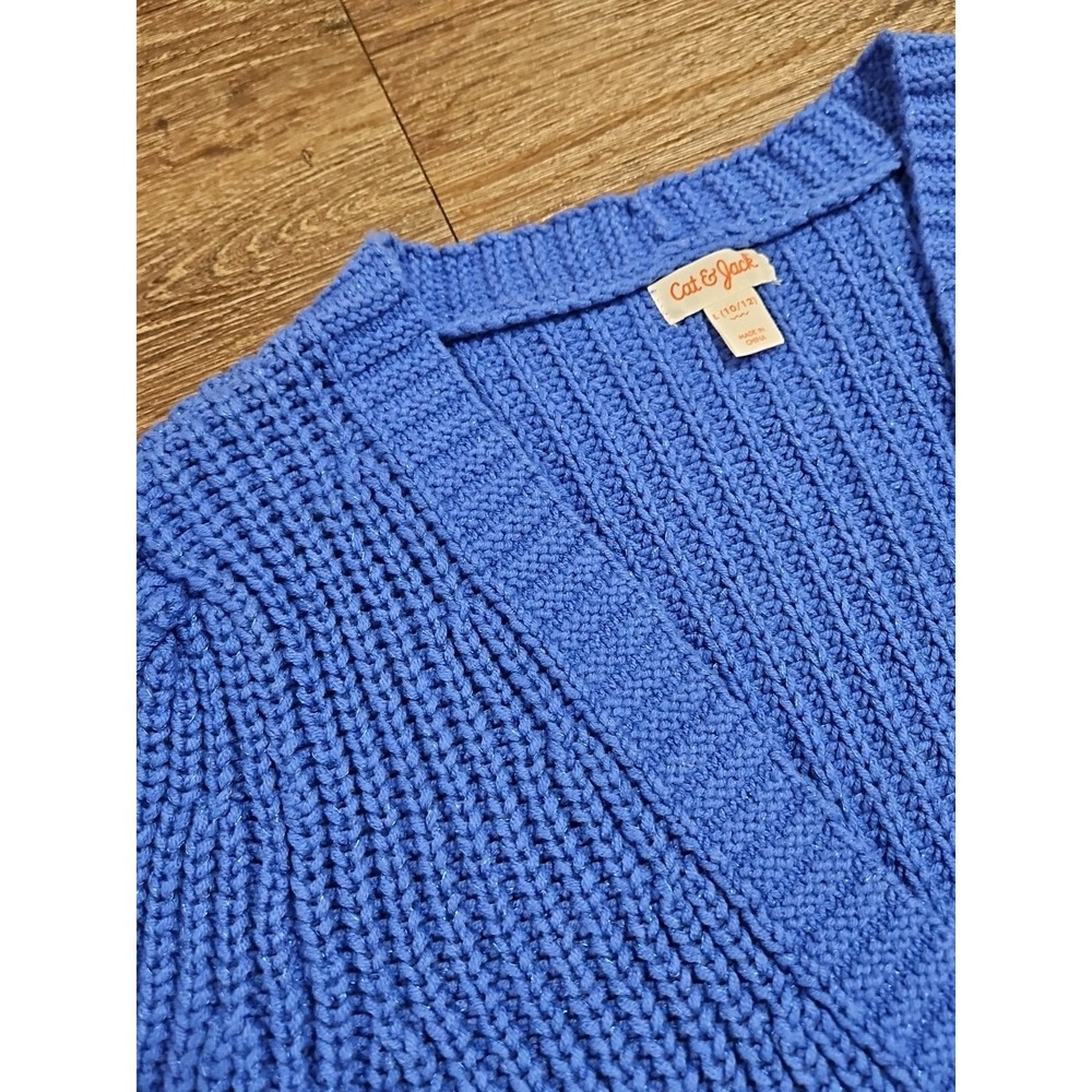 Cat & Jack Girl's Large Blue Sparkle Long-sleeve Open Front Knit Cardigan - Picture 4 of 12